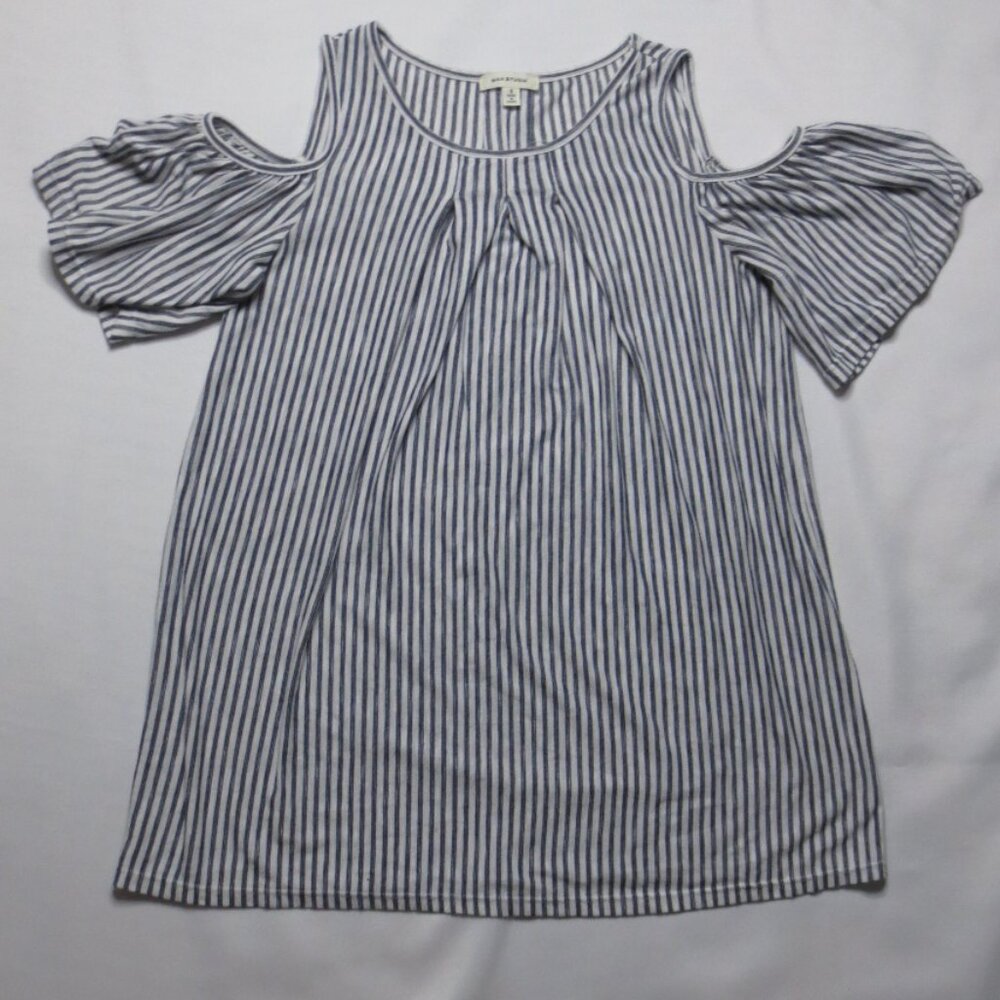 MAX STUDIO womens COLD SHOULDER striped NAVY BLUE cream SHIRT top SOFT size S